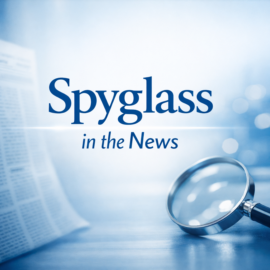 photographic create an image that is less busy that says Spyglass in the News with blue and white tones-1